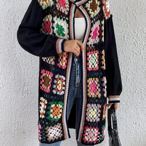 Black Casual Womens Geo Pattern Drop Shoulder Open Front Cardigan - Picture 4 of 5